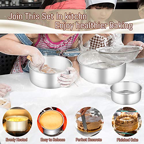 E-Far Cake Pan Set Of 3 (4’’/6’’/8), Deep Stainless Steel Round Cake Pans Tins For Baking Small Layer Wedding Birthday Cake, Non-Toxic & Dishwasher Safe, Mirror Finish & Straight Side #TOP4