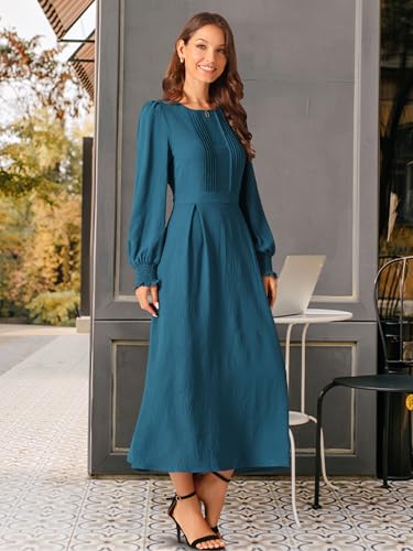 Image of Seta T Women's Fall Dress Frilled Long Sleeve A-Line Casual Midi Dresses
