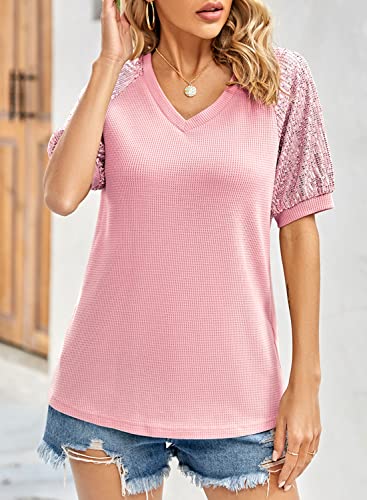 Womens Summer Tops Sequin Short Sleeve T Shirts V Neck Trendy Casual Elegent Tunic Ladies Tops And Blouses Pink #TOP2