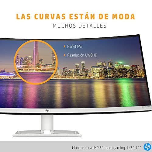 HP 34f - Monitor Curvo de 34" Ultra WQHD (3440 x 1440 a 60 Hz, 5 ms, AMD FreeSync, 21:9, 3 x USB 3.0, 2 x HDMI 2.0), Color Plateado