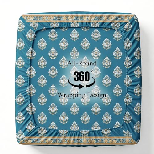 Image of VAS COLLECTIONS 180 TC Cotton Fitted Bedsheet Double Bed (72x78+8 Inches) with 2 Pillow Covers - Soft Breathable Skin Friendly Jaipuri Printed Elastic Fitted Bed Sheet, Sea Blue