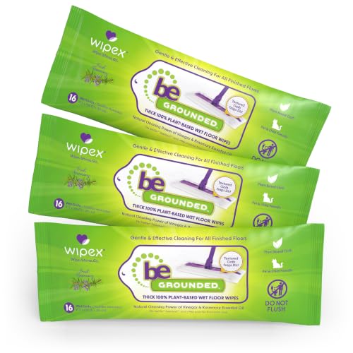 Wipex Wet Floor Wipes - Natural Wet Mop Pads Fit Swiffer Sweeper Mop - Rosemary Essential Oil & Vinegar & Plant-Based Textured Cloth Trap Absorb Dirt Floor Cleaner Pads 16 Count (Pack of 3)