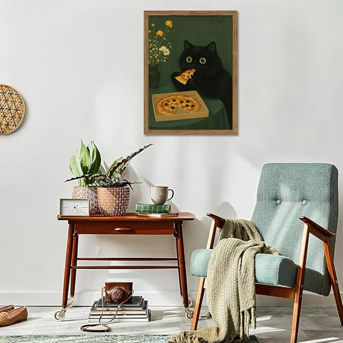 額入り黒猫のウォールアート、かわいい猫がピザを食べるキャンバス、面白いキッチン写真の装飾、遊び心のある食べ物好きのプリントアートワーク、キッチンダイニングルーム用の風変わりな動物の壁の装飾 – 8x10インチ [5]