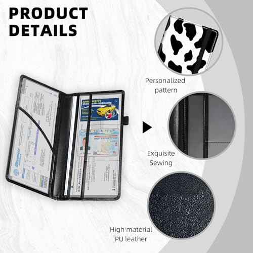 Car Registration and Insurance Holder PU Leather Vehicle Insurance and Registration Holders Wallet Case with Elastic Band Closure for ID Card, Driving Licence, Black and White Cow Print4