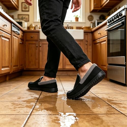 Image of Lulex Mens Moccasin Slippers Size 8-14,Memory Foam House Shoes with Rubber Indoor Outdoor Sole, Machine Washable