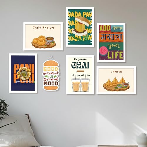 Image of PAINTINGMANTRA Indian Street Food Kitchen Framed Wall Art Painting Desi Food Illustrations & Quotes Painting with Frame for Kitchen, Bar, Restaurant, Set of 7 (1 MDF wall Hanging) 9x13 Inch