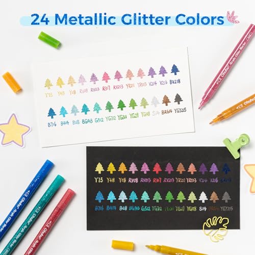 Image of Ohuhu Acrylic Glitter Markers, 24 Metallic Glitter Colors, Fine Tip Paint Pens for Fine Details & Shimmer Accents, Water-Based & Quick Dry, for DIY Crafts, Cards, Journals, Wood & Rock Painting