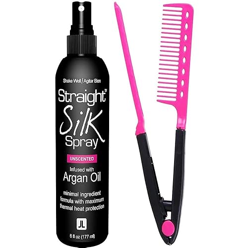 Kit de prensa de seda – Spray de seda recta con protector de calor de aceite de argán marroquí con alisador de pelo y peine desenredante | Sin