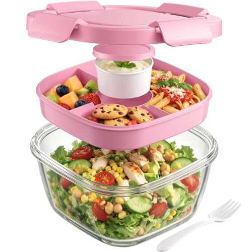 Image of Canfanni Glass Salad Container, 56oz Bowl with Airtight Lids, Tray, Fork