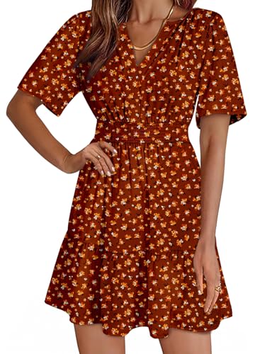 Image of Dokotoo Womens Summer Dresses 2026 Boho Floral Short Sleeve V Neck Smocked Waist Casual A-Line Swing Mini Dress Sundress
