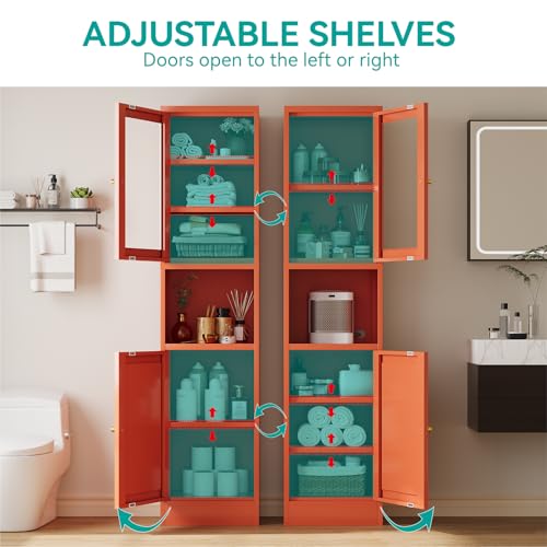 Image of 67 inch Tall Metal Narrow Storage Cabinet with Glass Door and Open Shelf, Shaker Style Slim Cabinet with Adjustable Shelves for Kitchen Bathroom Living Room Laundry Small Spaces, Orange, 1Pc