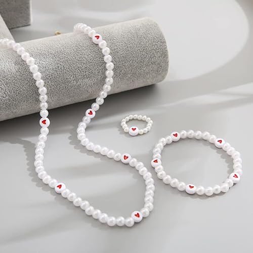 Miniatura 3 de Collar de perlas de imitación, pulsera, anillo de joyería, conjunto de 3 piezas, joyería de corazón nupcial para mujer
