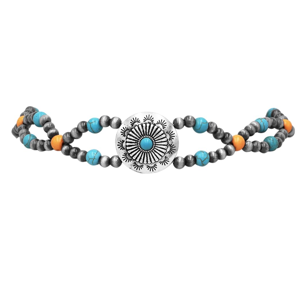 Rosemarie & Jubalee Women's Country Chic Western Hat Band Burnished Silver Tone Concho Orange Turquoise Howlite Stone Beads Vegan Leather Cord, 38.5
