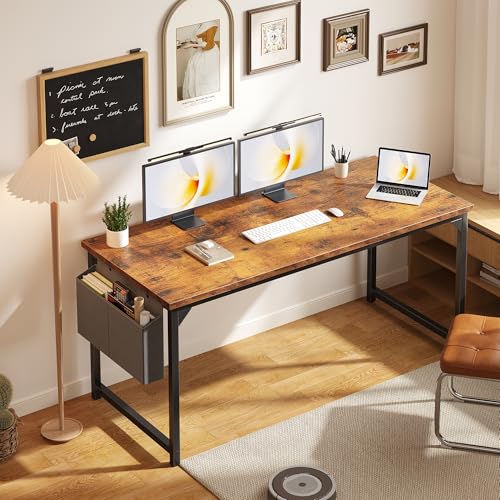 Image of OLIXIS Computer Desk, 63 Inch Gaming Desks for Home Office Small Spaces | Writing Study Craft Work Table, Computer Workstation for Bedroom with Storage Bag, Rustic Brown