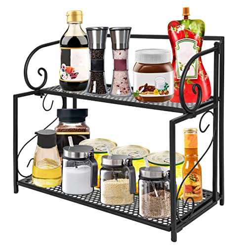 Gewürzregal mit 2 Ebenen, Badezimmer-Organizer, Arbeitsplatten-Halter, faltbarer Schrank, Gewürz-Organisation, stilvoll, elegant, klein, Aufbewahrungsregal für Küche, Waschtisch, Tablett (schwarz) Cover