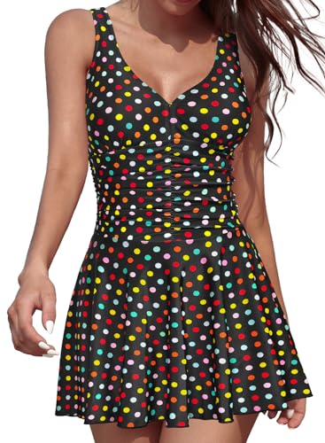 Jupe de bain froncée col en V maillot de bain gainant rétro noir-cerise