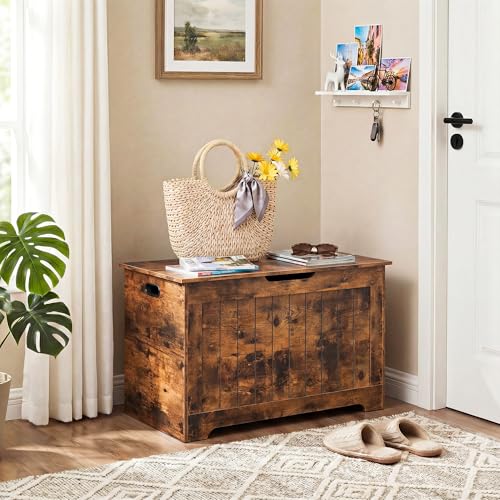 Epetlover Rustic Brown Wooden Storage Chest Storage Bench with Hinged Lid and Safety Hinge, Storage Box for Entryway, Living Room, Bedroom
