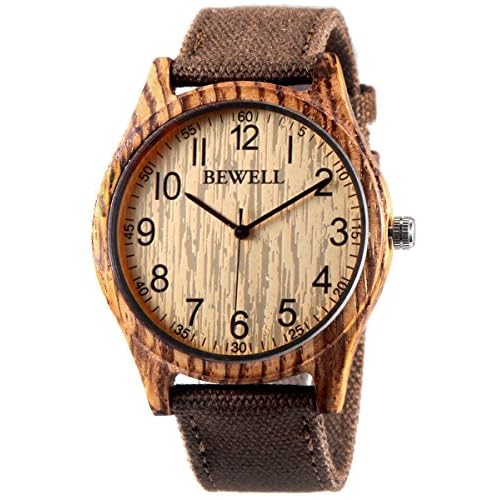 Alienwork Armbanduhr Herren Damen Braun Canvas-Armband Gelb Holzuhr Natur-Holz