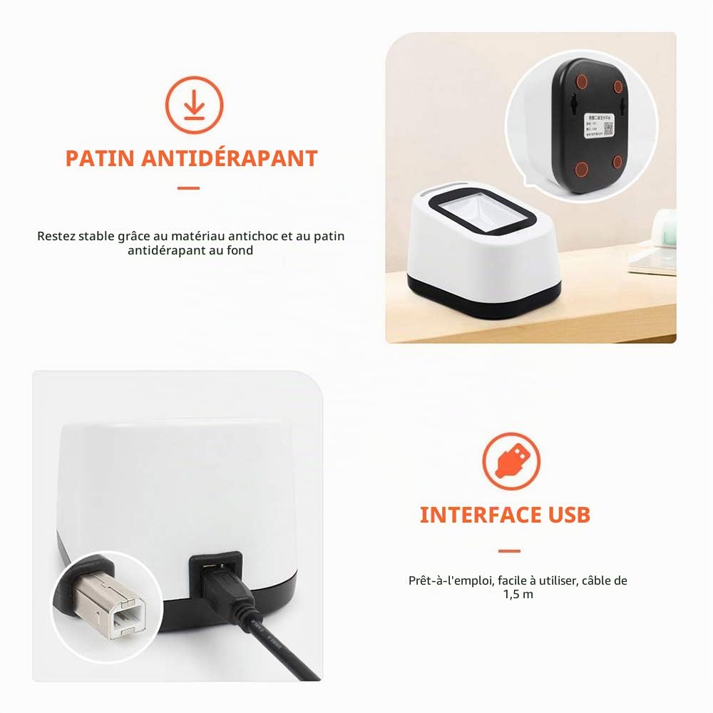 Scanner de codes-barres filaire USB polyvalent Scanning de codes QR 1D et 2D Lecteur pour supermarchés/magasins