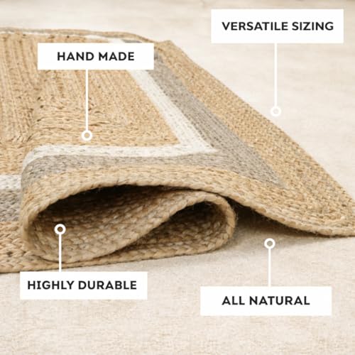 Image of voyzz home 5X8 Feet-Rectangular, Premium Natural Jute High Traffic Braided Area Rug, Stain Resistance, Handmade Rug for Entryways,Living Room,Dining Room,Bedroom,Farmhouse (Natural & Grey & Ivory)