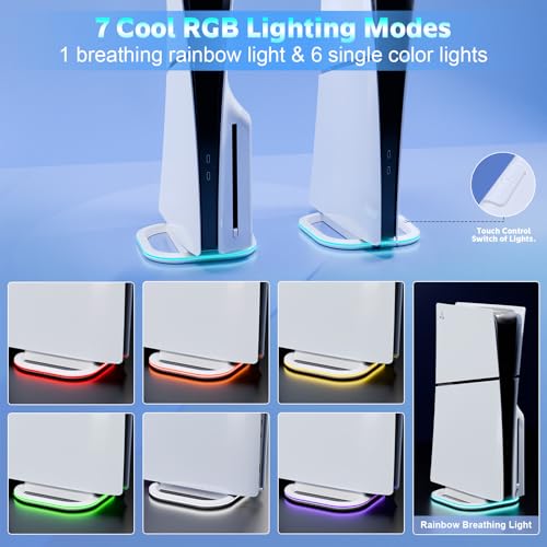 Image of HONCAM Vertical Stand for PS5 /PS5 Slim /PS5 Pro Consoles, PlayStation 5 Vertical Stand with 7 RGB Lights for PS5 Digital /PS5 Disc, PS5 Slim Digital /PS5 Slim Disc,PS5 Pro Console with Screw,White
