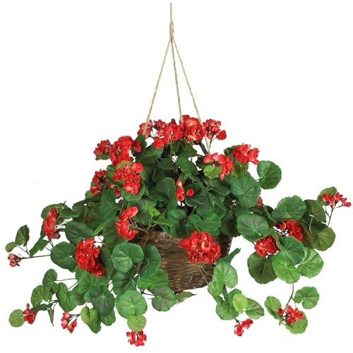 Nearly Natural 6609-RD 24in. Geranium Hanging Basket Silk Plant,Red,10.25' x 10.25' x 17.5'