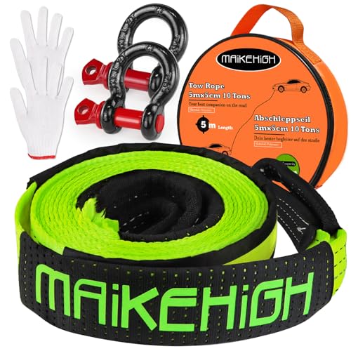 MAIKEHIGH Tow Strap Heavy Duty with Hooks, 2"×16ft (22,000Lbs) Recovery Strap with D-Ring Shackles (2pcs) + Protective Gloves (2pcs), Tow Rope for Car Truck SUV ATV (Green) Green Strap wit