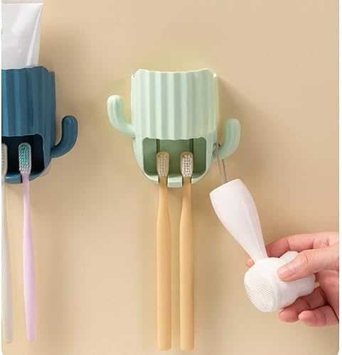 Miniatura 2 de Soporte para pasta de dientes 2 en 1 para cepillo de dientes, soporte para cepillo de dientes de cactus montado en la pared para niños, organizador