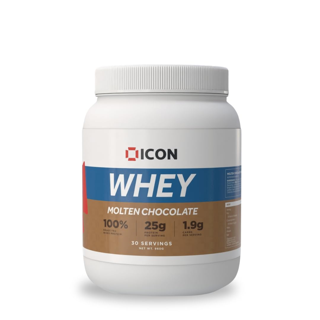 ICON Nutrition Whey Protein Powder — Molten Chocolate — High Protein, Grass Fed, Low Carbs & Fat, Complete Amino Acid Profile, Cold Shakes or Mix with Foods — 960g, 30 Servings