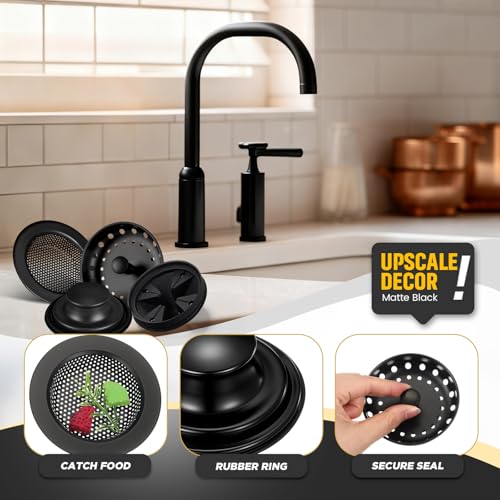 Image of 4 Pcs Matte Black Kitchen Sink Accessories Garbage Disposal Splash Guards 3.4'' Sink Drain Strainer and Stopper Stainless Steel Garbage Disposal Plug for Kitchen Drain Strainer