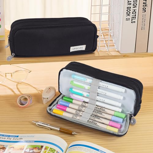 Image of MAMUNU Large Capacity Pencil Case, 3 Compartments Canvas Pencil Pouch with Zipper, Aesthetic Pencil Bag Pen Pouch for School Office Students Teen Girls Boys, Black