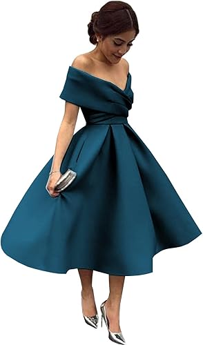 Women's Off the Shoulder Wrap Prom Dresses Tea Length Bridesmaid Dress Satin Short Formal Gowns