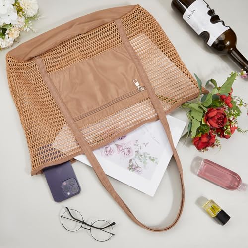 CREATCABIN Mesh Beach Bag Beach Tote Handbag With Zipper Foldable Mesh Sand Free Bag Vacation Essentials for Pool Travel and Family Vacation Ton Of Storage Saddle Brown 16.54x13.78x7.09in3