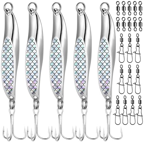 Realure 5 Stück Angelköder Set, Metall Blinker Angelköder Set mit 20 Angelwirbel Karabiner, Forellen Blinker Angeln mit Dreifachhaken, Spinnerbait für Salzwasser Süßwasserforellen Bass Lachs Angeln