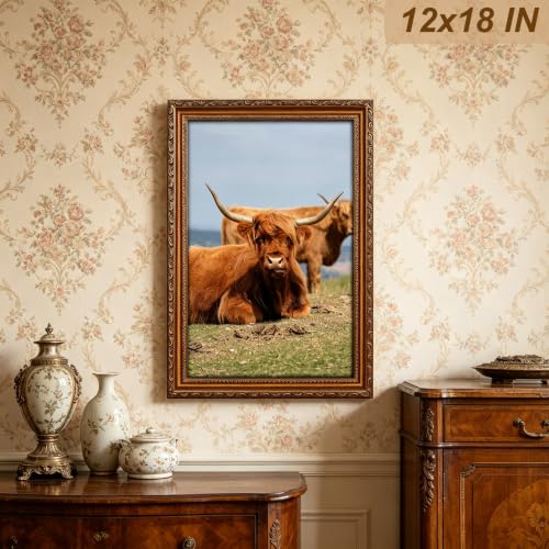 Image of 12x18 Frame Gold Wood Vintage 12 x 18 Frames Ornate | Real Glass, Easy Photo Changes, Wall Hanging, Wall Art