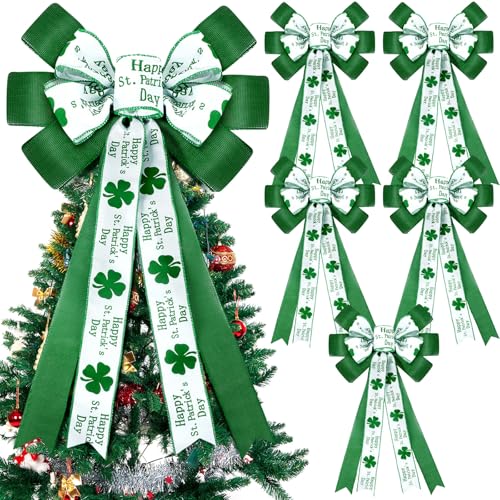 Riceshoot 6 Pcs Extra Large St. Patrick's Day Tree Topper Bows 26 x 12 Inches Green Four Leaf Clover Bows for Wreaths Irish Shamrock Bows for Front Door Tree Decorations