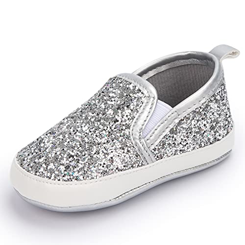 KKIIDDSS Unsex Infant Baby Boys Girls Canvas Shoes Toddler High Top Lace up Crib Soft Sole Sneakers Slip On Anti Skid Newborn First Walkers Skate Shoes (A02-Silver, 6-12 Months)