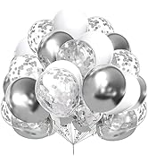 AULE Metallic Silver White Confetti Balloons 12 inches 60 Pack Premium Latex Balloons with Silver...