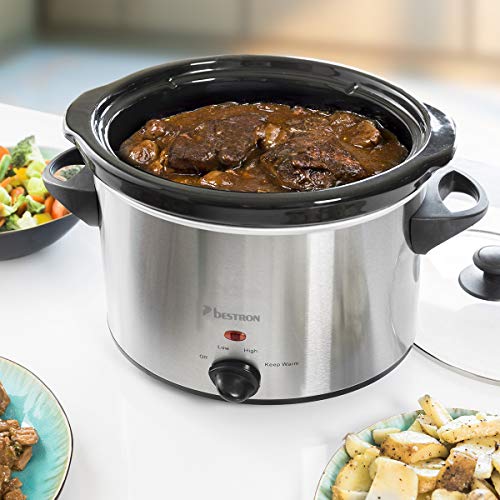 Foto von Bestron Slowcooker für 4 Personen, Schongarer mit Keramikpfanne & Glasdeckel, 3 Stufen-Thermostat, ideal für viele Gerichte wie Fleisch, Suppen & Gemüse, 3.5 Liter, Farbe: Silber