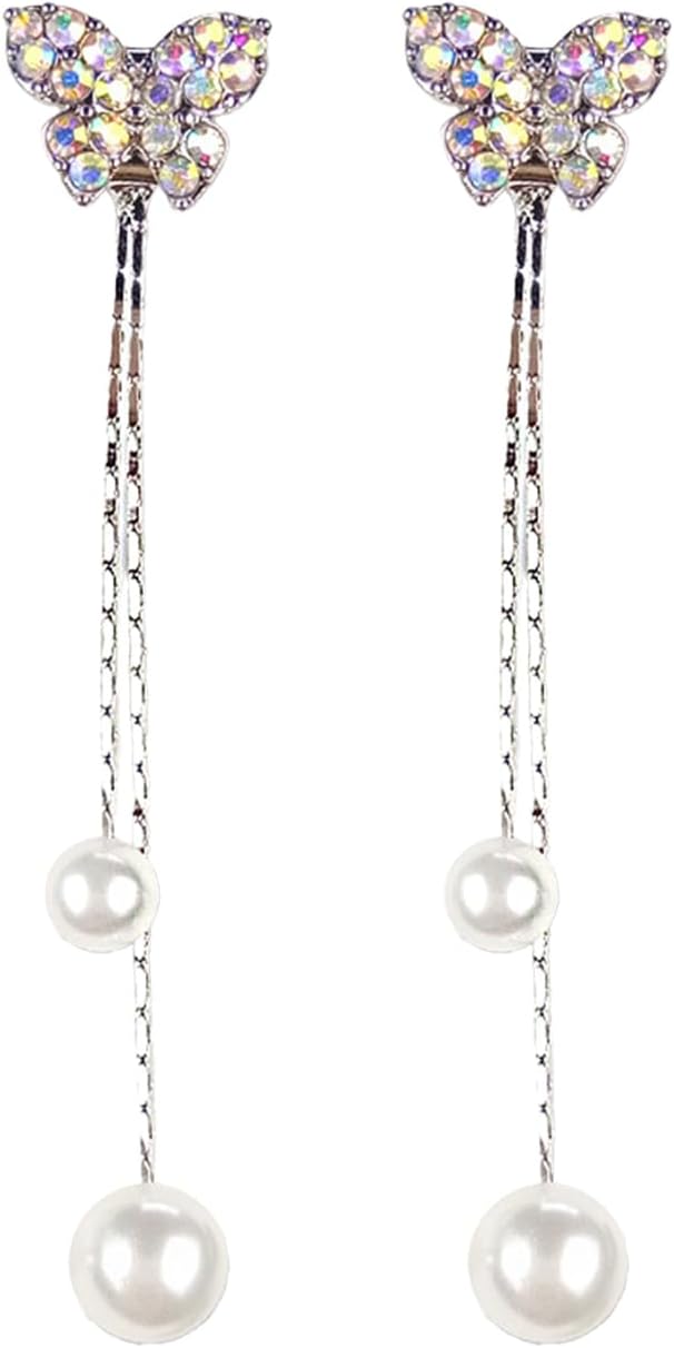 Silver Base Metal Pearl Butterfly Hanging Tassels Earrings for Women and Girls