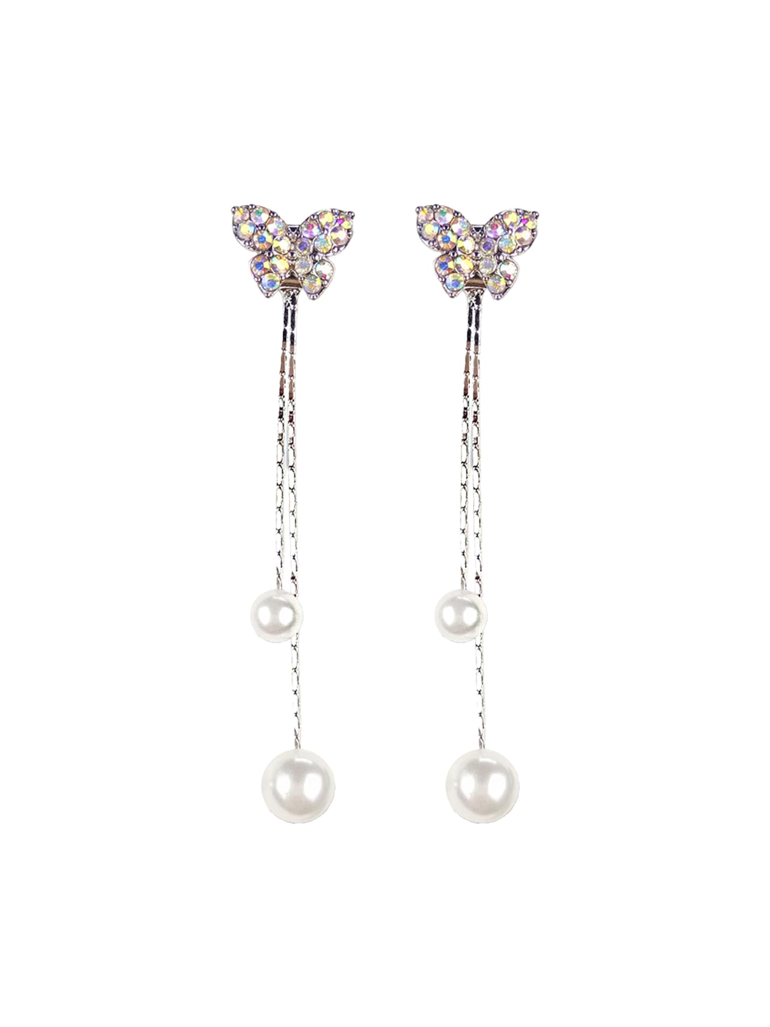 Silver Base Metal Pearl Butterfly Hanging Tassels Earrings for Women and Girls