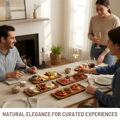 Image of SAAGA Acacia Solid Wood Rectangular Serving Platter Set of 4 | 12 x 5 Inch Wooden Serving Tray for Snacks, Fruits, Desserts & Appetizers | Multipurpose Acacia Wood Food Platters | Ohio Collection