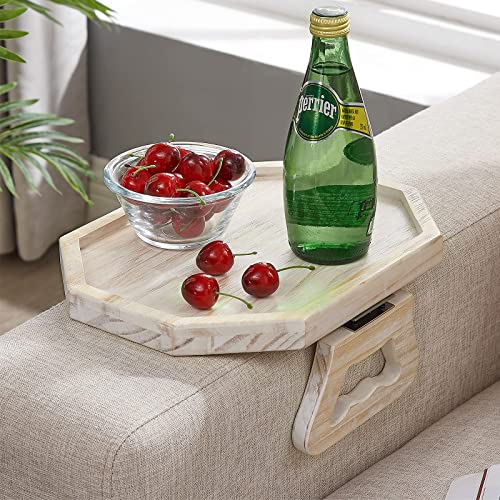 Vesuna Sofa Armrest Clip Tray Table, Sofa Couch Arm Rest Organizer, Sofa Arm Table, Cup Holder, Wooden Sofa Clip Tray For Drinks/Remote Control/Snacks, Rustic White #TOP1