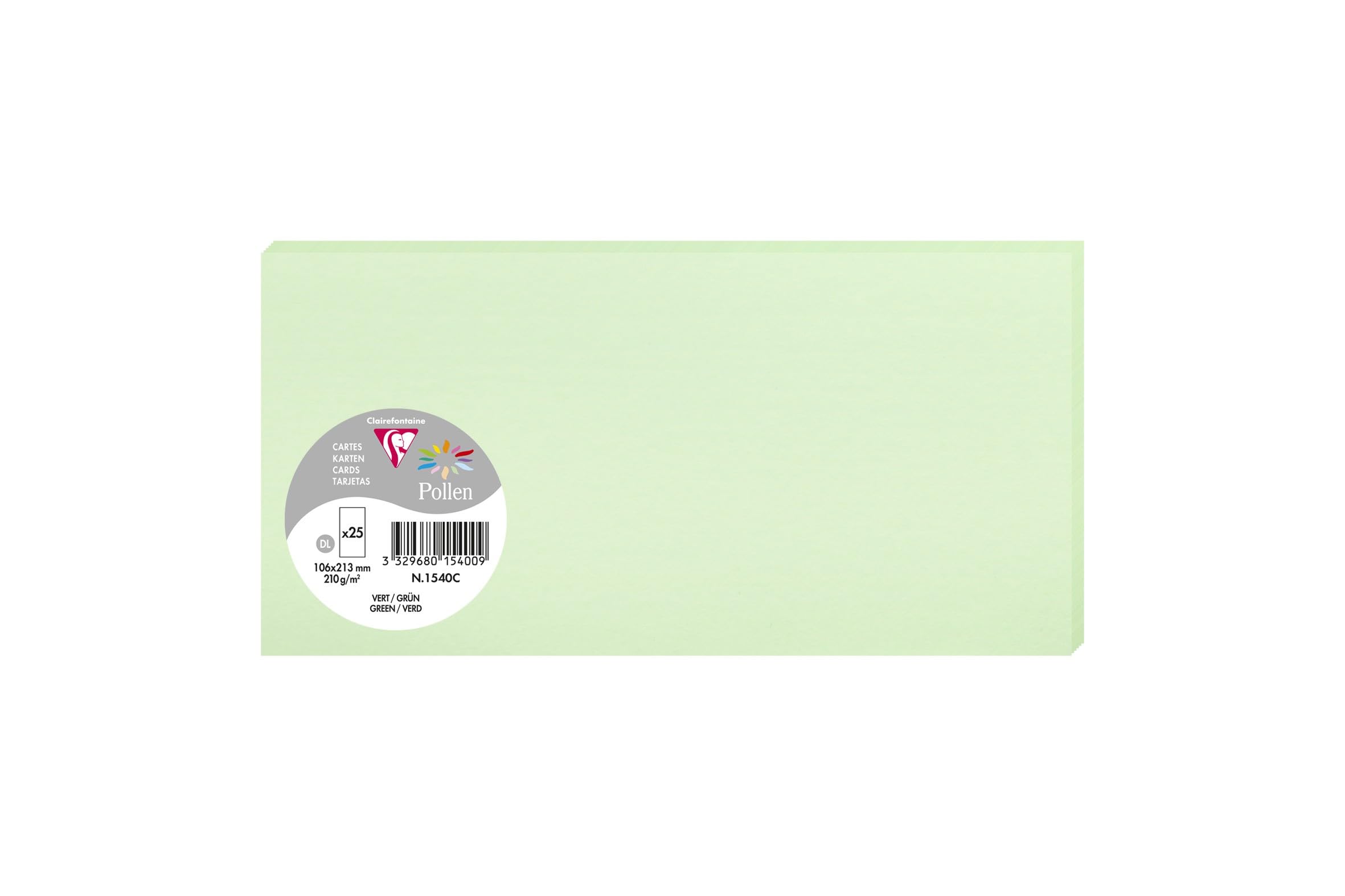 Clairefontaine 1540C Pack of 25 Plain Cards DL format 10.6x21.3cm 210gsm Green Invitation and Correspondence Cards - Pollen range - Smooth Premium Paper