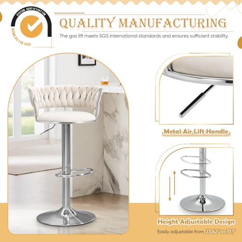 Velvet-Swivel-Bar-Stools-Set-of-4-Modern-Adjustable-Barstools-with-Woven-Back-Counter-Height-Bar-Stool-with-Silver-Leg-Upholstered-Bar-Chair-for-Kitchen-Island-Pub-Cafes-Bar-Counter-Ivory Velvet Swivel Bar Stools Set of 4 Modern Adjustable Barstools with Woven Back Counter Height Bar Stool with Silver Leg Upholstered Bar Chair for Kitchen Island Pub Cafes Bar Counter Ivory