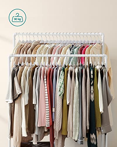 SONGMICS Stand Appendiabiti a Doppia Barra, Struttura in Metallo, 59 x 100 x 162 cm, con Ripiano Portaoggetti e Rotelle, 2 Ruote con Freni, Portata fino a 110 kg, Bianco HSR060W01 - Immagine 2
