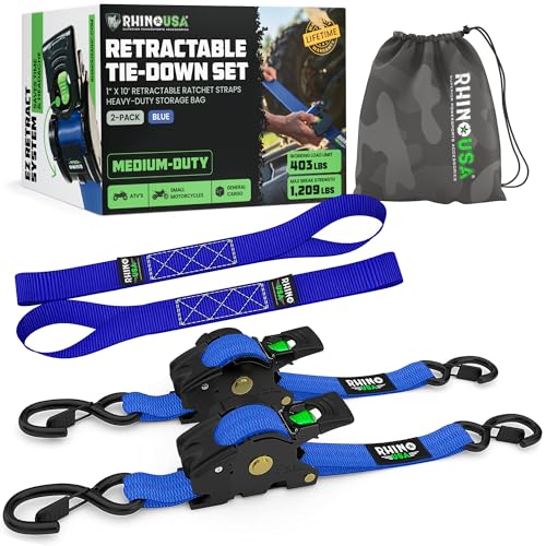 Image of Rhino USA Retractable Ratchet Straps (2-Pack) - 1 Inch x 10 Feet (1,209lb Break Strength) - Auto Self Retracting Tie Down Straps for Truck, Cargo Trailer, Motorcycle, ATV, UTV - Blue