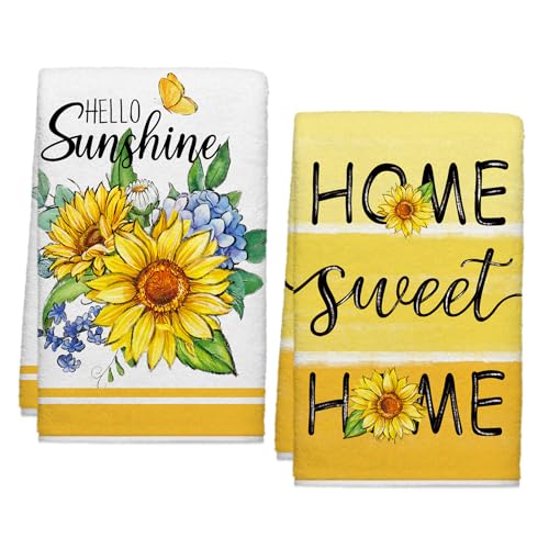 Image of Summer Hello Sunshine Sunflower Kitchen Towels, Yellow Flowers Dish Towels Set of 2, Spring Home Sweet 18 x 26 Inch Hand Towel Quick Drying Dishcloth Decor for Kitchen Bathroom Home
