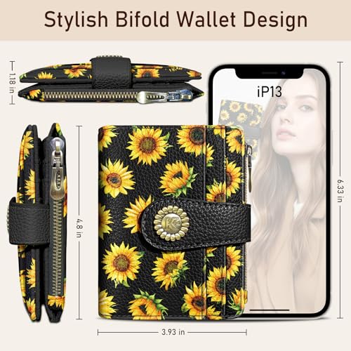 Image of Kelvoris Sunflower Small Rfid Women Wallet Bifold Zipper Coin Pocket | PU Leather Compact Cash Credit Card Holder, Travel Purse for Female Ladies Teen Girls, 1 ID Window 10 Card Slots