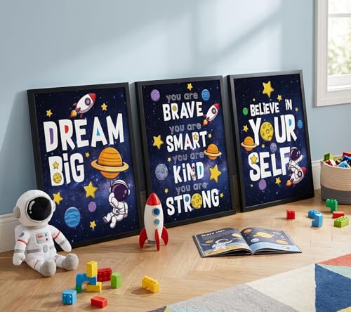 Image of 3Pcs Inspirational Space Astronaut Kids Poster Wall Art, Inspirational Quotes Painting Picture Wall Decor, Boys Positive Affirmative Poster Print Artwork for Playroom, Classroom, 12x16in Unframed